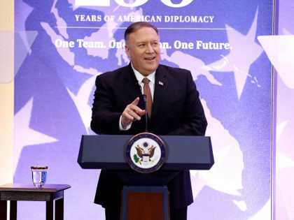 WASHINGTON, DC - JULY 29: Secretary of State Mike Pompeo speaks during the Department of State 230th Anniversary Celebration at the Harry S. Truman Headquarters building July 29, 2019 in Washington, DC. Established in 1789 as the nation's first executive department, the State Department was first lead by Thomas Jefferson. …