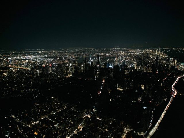 NEW YORK, NY - JULY 13: A large section of Manhattan's Upper West Side and Midtown neighborhoods are seen in darkness from above during a major power outage on July 13, 2019 in New York City. Thousands of New Yorkers are without power as a major outage left portions of …