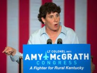 FILE - In this Oct. 12, 2018 photo, Democratic congressional candidate Amy McGrath speaks during a campaign event in Owingsville, Ky. The Lexington-area battle pits third-term Republican Rep. Andy Barr against Democrat Amy McGrath, a retired Marine fighter pilot. Trump won the 6th District by more than 15 percentage points …