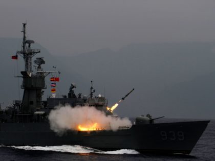 An anti-submarine rocket (ASROC) is fired from a Knox-class frigate during a military dril