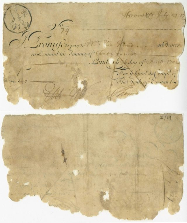 This banknote, for £40, dates from 1702 and is one of the oldest banknotes in the collection being displayed by the Bank of England Bank of England notes its 325 years with trip back in time