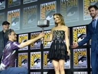 SAN DIEGO, CALIFORNIA - JULY 20: (L-R) President of Marvel Studios Kevin Feige, Director Taika Waititi, Natalie Portman and Chris Hemsworth of Marvel Studios' 'Thor: Love and Thunder' at the San Diego Comic-Con International 2019 Marvel Studios Panel in Hall H on July 20, 2019 in San Diego, California. (Photo …