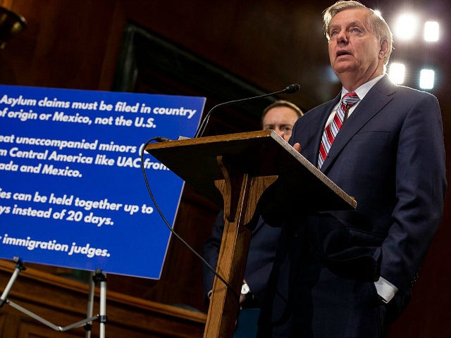 Senate Judiciary Chairman Lindsey Graham, (R-SC)., speaks at a news conference proposing legislation to address the crisis at the southern border at the U.S. Capitol on May 15, 2019 in Washington, DC. Senate Republicans met with Vice President Mike Pence and White House Advisor Jared Kushner yesterday to discuss President …