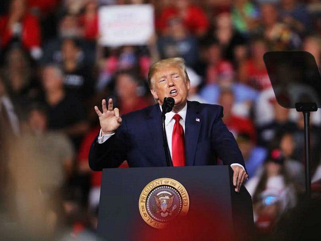 MANCHESTER, NEW HAMPSHIRE - AUGUST 15: President Donald Trump speaks to supporters at a rally in Manchester on August 15, 2019 in Manchester, New Hampshire. The Trump 2020 campaign is looking to flip the battleground state of New Hampshire with the use of a strong economy and appeals to his …