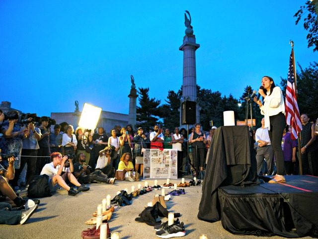 NEW YORK, NY - AUGUST 5: U.S. Rep. Alexandria Ocasio-Cortez (D-NY) speaks during a vigil f