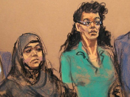 FILE- In this April 2, 2015 courtroom file sketch, defendants Noelle Velentzas, left and Asia Siddiqui, appear at federal court in New York after they were arrested for plotting to build a homemade bomb and wage jihad in New York City. By combing the web, attorneys for the two defendants …