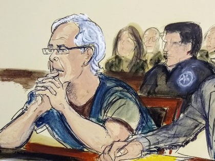 FILE - In this July 15, 2019 courtroom artist's sketch, defendant Jeffrey Epstein, left, a