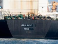A view of the Grace 1 super tanker with the name "Adrian Darya 1" over the place where "Grace 1" had already been blackened out is seen in the British territory of Gibraltar, Saturday, Aug. 17, 2019. The shipping agent for an Iranian supertanker caught in a diplomatic standoff says …