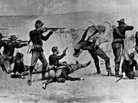 December 1890: Members of the 7th Cavalry firing the opening shots in the Battle of Wounded Knee where over 300 Sioux were slaughtered in a few minutes. Original Artist - Frederic Remington (1861-1909) (Photo by MPI/Getty Images)