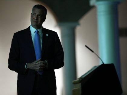 New York Mayor Bill de Blasio delivers a speech to mark his first 100 days in office at Co