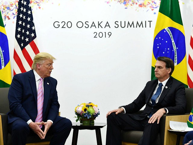 Brazil's President Jair Bolsonaro (R) meets with US President Donald Trump during a bilate