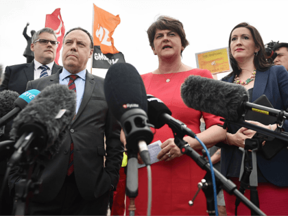 BELFAST, NORTHERN IRELAND - JULY 31: DUP leader Arlene Foster and deputy leader Nigel Dodds speak to the media following their meeting with Prime Minister Boris Johnson at Stormont on July 31, 2019 in Belfast, Northern Ireland. The Prime Minister is on his first official visit to Northern Ireland to …