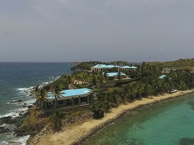 This Tuesday, July 9, 2019 video frame grab shows an aerial view of Little Saint James Island, in the U. S. Virgin Islands, a property purchased by Jeffery Epstein more than two decades ago. Epstein built on the island a stone mansion with cream-colored walls and a bright turquoise roof …