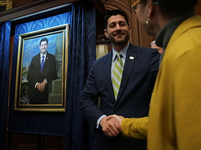WASHINGTON, DC - NOVEMBER 29: U.S. Speaker of the House Rep. Paul Ryan (R-WI) (L) greets the artist of his portrait Leslie Bowman (R) during an unveiling event at the U.S. Capitol November 29, 2018 in Washington, DC. Speaker Ryan attended the unveiling of his portrait as House Budget Committee …