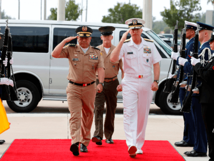 US Navy Admiral Craig S. Faller (R), Commander, US. Southern Command, greets Commanding Ge
