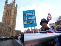 Anti-Brexit campaigner Steve Bray stands with his megaphone outside the Houses of Parliament in Westminster, central London on April 3, 2019. - Prime Minister Theresa May met Wednesday with Britain's opposition leader in a bid to forge a Brexit compromise that avoids a potentially chaotic "no-deal" departure from the EU …