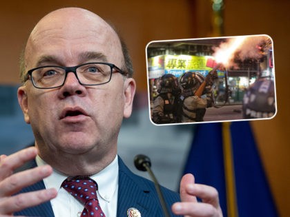 (INSET: Hong Kong riot police fire tears gas grenades) US Representative Jim McGovern, Democrat of Massachusetts, speaks during a press conference following a vote in the US House on ending US military involvement in the war in Yemen, on Capitol Hill in Washington, DC, April 4, 2019. (Photo by SAUL …