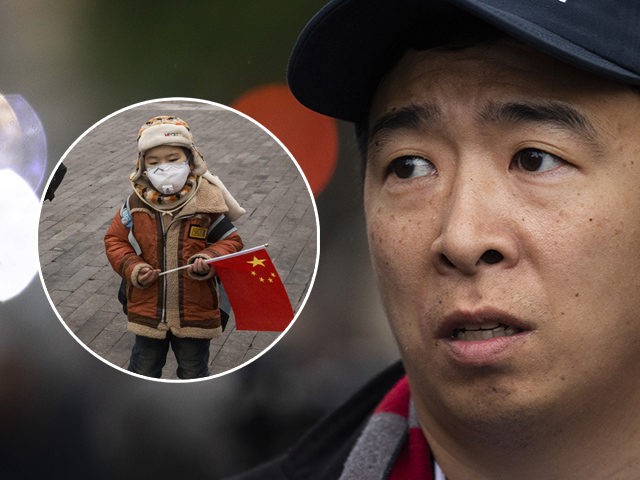 (INSET: Chinese child with face mask for air pollution) NEW YORK, NY - MAY 14: Democratic presidential candidate Andrew Yang waits to take the stage during a rally in Washington Square Park, May 14, 2019 in New York City. One of Yangs major campaign promises is a universal basic income …