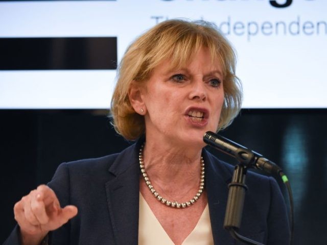 Change UK MP Anna Soubry speaks during a European Parliament election campaign rally at the Manchester Technology Centre in Manchester, northwest England, on May 21, 2019. - Despite voting in a referendum to leave the European Union in 2016 Britain is braced to take part in the European Parliament election …