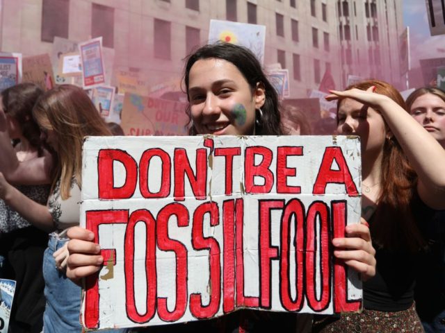 Student and youth climate activists with placards march through central London on May 24,