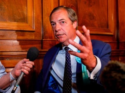 Brexit Party leader Nigel Farage speaks to the press after the European Parliament election results for the UK South East Region are announced at the Civic Centre Southampton, Southern England, on early May 27, 2019. (Photo by TOLGA AKMEN / AFP) (Photo credit should read TOLGA AKMEN/AFP/Getty Images)