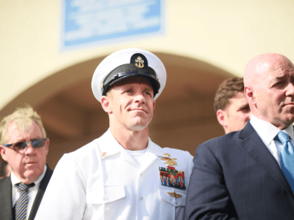 Navy Special Operations Chief Edward Gallagher celebrates after being acquitted of premeditated murder at Naval Base San Diego July 2, 2019 in San Diego, California. Gallagher was found not guilty in the killing of a wounded Islamic State captive in Iraq in 2017. He was cleared of all charges but …