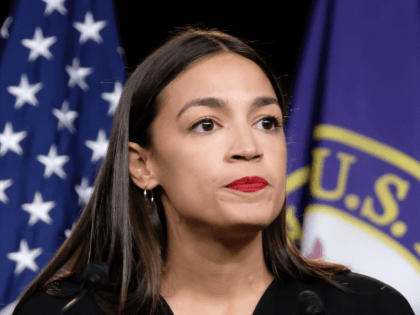 U.S. Rep. Alexandria Ocasio-Cortez (D-NY) pauses while speaking during a press conference