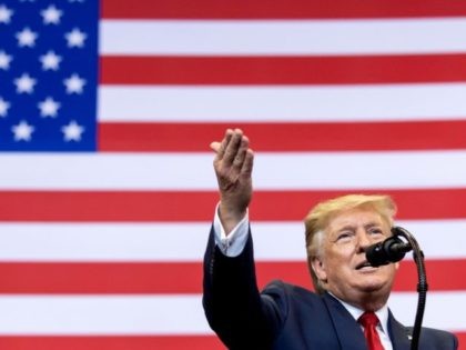 US President Donald Trump gestures as he speaks during a "Make America Great Again&qu