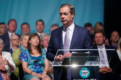 BIRMINGHAM, ENGLAND - JUNE 30: Brexit Party leader Nigel Farage addresses supporters from