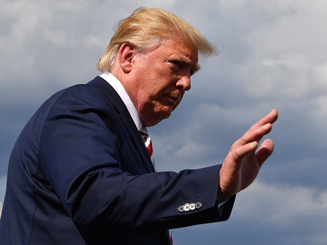 US President Donald Trump gives a statement about the recent mass shootings in El Paso and Dayton before boarding to Washington at Morristown Airport on August 04, 2019. - The United States was in mourning Sunday for victims of two mass shootings that killed 29 people in less than 24 …