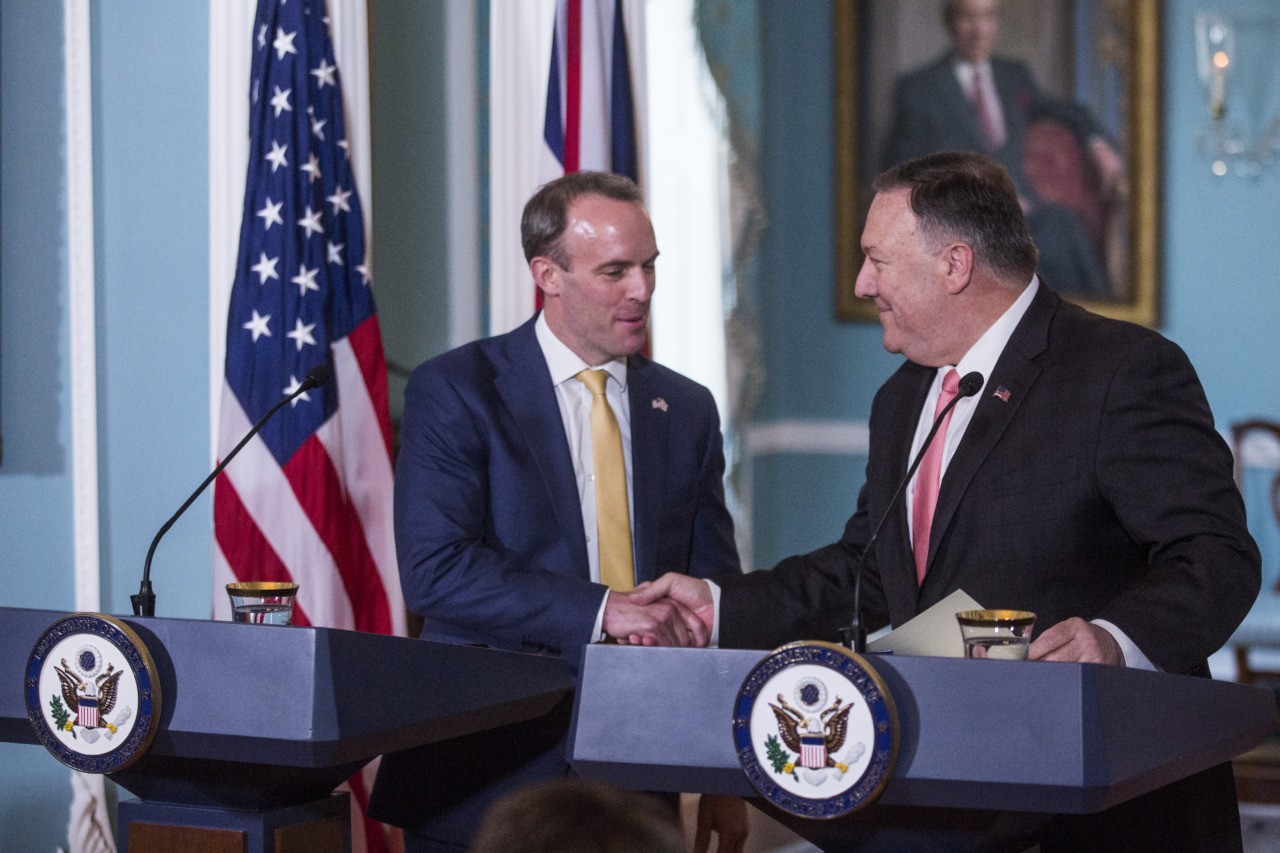 WASHINGTON, DC - AUGUST 07: United Kingdom Foreign Secretary Dominic Raab, left, and U.S. Secretary of State Mike Pompeo, right, shake hands during a joint press event at the State Department on August 7, 2019 in Washington, DC. It was Mr. Raab's first trip to Washington as a foreign secretary. The two discussed possibly working together on a free trade deal and security challenges following Brexit. (Photo by Zach Gibson/Getty Images)