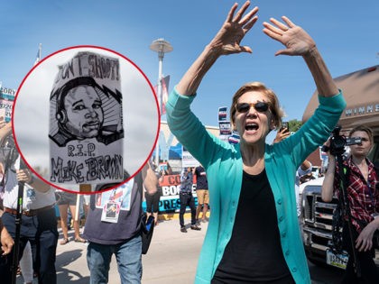 (INSET: Sign reading "RIP Mike Brown" aka Michael Brown) 2020 Democratic presidential hopeful Senator Elizabeth Warren greets supporters as she arrives at a rally outside the building where the Wing Ding Dinner will take place on August 9, 2019 in Clear Lake, Iowa. - The dinner has become a must …