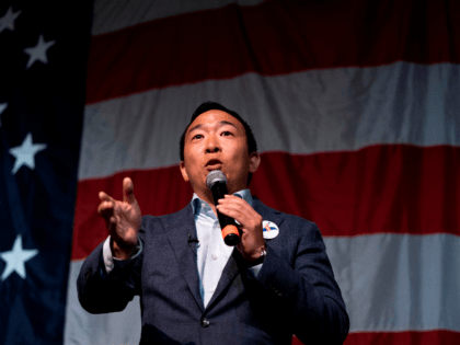 2020 Democratic presidential hopeful US entrepreneur Andrew Yang speaks at the Wing Ding Dinner on August 9, 2019 in Clear Lake, Iowa. - The dinner has become a must attend for Democratic presidential hopefuls ahead of the of Iowa Caucus. (Photo by ALEX EDELMAN / AFP) (Photo credit should read …