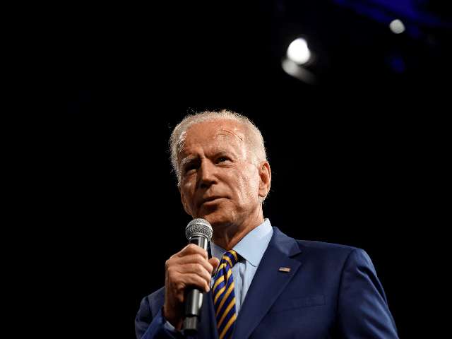 Democratic presidential candidate and former Vice President Joe Biden speaks on stage duri