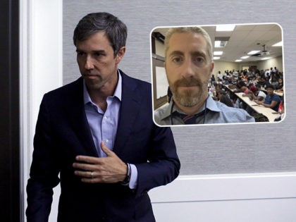 (INSET: Breitbart Senior Editor-at-Large Joel Pollak) ALTOONA, IA - AUGUST 21: Democratic presidential candidate and former Rep. for Texas Beto O'Rourke waits to exit after speaking at the Iowa Federation Labor Convention on August 21, 2019 in Altoona, Iowa. Candidates had 10 minutes each to address union members during the …