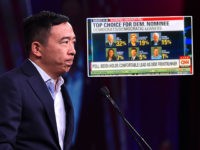 (INSET: CNN graphic omitting Andrew Yang from the "top" results of a Quinnipiac poll... but including Beto O'Rourke, who had lower support) 2020 US Democratic Presidential hopeful Andrew US entrepreneur Andrew Yang speaks on-stage during the Democratic National Committee's summer meeting in San Francisco, California on August 23, 2019. (Photo …