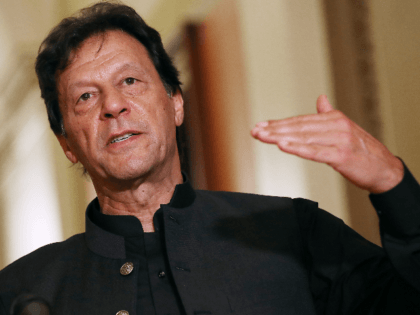 Pakistan Prime Minister Imran Khan makes a brief statement to reporters before a meeting w