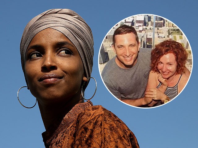 (Inset: Democrat strategist Tim Mynett and his now-estranged wife Dr. Beth Jordan Mynett) WASHINGTON, DC - JULY 25: Rep. Ilhan Omar (D-MN) speaks at a press conference outside the U.S. Capitol July 25, 2019 in Washington, DC. Omar introduced the ZERO WASTE Act, which would create a federal grant program …