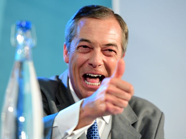 LONDON, ENGLAND - AUGUST 27: Leader of the Brexit Party, Nigel Farage speaks onstage on Au