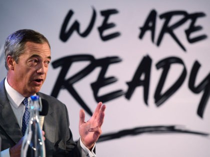 LONDON, ENGLAND - AUGUST 27: Leader of the Brexit Party, Nigel Farage speaks onstage on Au