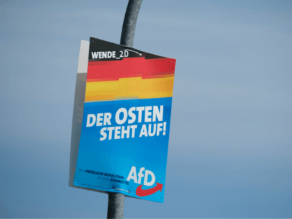 JUTERBOG, GERMANY - AUGUST 09: An election campaign poster of the right-wing Alternative for Germany (AfD) reads: "The East is standing up!" ahead of state elections in Brandenburg state on August 09, 2019 in Juterbog, Germany. Brandenburg and Saxony, both states in eastern Germany, are due to hold elections on …