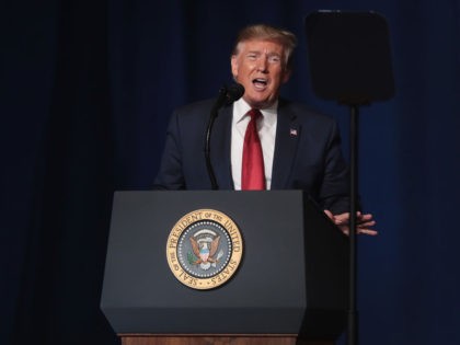 LOUISVILLE, KENTUCKY - AUGUST 21: President Donald Trump speaks to guests during the Joint Opening Ceremony at the American Veterans (AMVETS) 75th National Convention at the Galt House on August 21, 2019 in Louisville, Kentucky. AMVETS is a non-partisan, volunteer-led veterans advocacy organization that was formed by World War II …