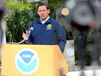 Florida Gov. Ron DeSantis speaks about Tropical Storm Dorian outside of the the National Hurricane Center, Thursday, Aug. 29, 2019, in Miami. (AP Photo/Lynne Sladky)