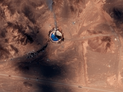 This satellite image from Maxar Technologies shows a fire at a rocket launch pad at the Imam Khomeini Space Center in Iran’s Semnan province, Thursday, Aug. 29, 2019.