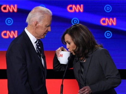Democratic presidential hopefuls Former Vice President Joe Biden (L) and US Senator from California Kamala Harris chat during a break in the second round of the second Democratic primary debate of the 2020 presidential campaign season hosted by CNN at the Fox Theatre in Detroit, Michigan on July 31, 2019. …