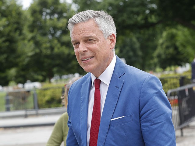 Jon Huntsman, U.S. ambassador to Russia, is seen arriving at the security check point entrance of the White House in Washington, Wednesday, May 30, 2018. (AP Photo/Pablo Martinez Monsivais)