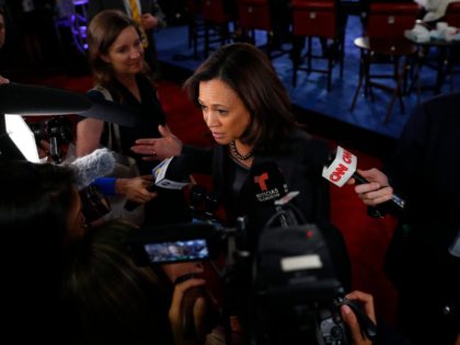 Sen. Kamala Harris, D-Calif., answers questions after the second of two Democratic presidential primary debates hosted by CNN Thursday, Aug. 1, 2019, in the Fox Theatre in Detroit. (AP Photo/Paul Sancya)
