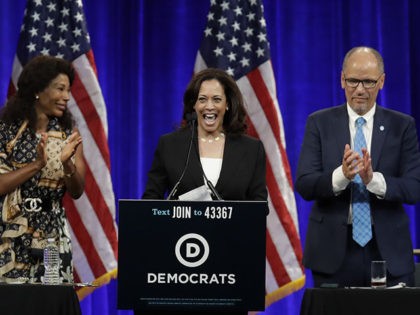 Democratic presidential candidate Sen. Kamala Harris, D-Calif., smiles as she is introduced at the Democratic National Committee's summer meeting Friday, Aug. 23, 2019, in San Francisco. More than a dozen Democratic presidential hopefuls are making their way to California to curry favor with national party activists from around country. Democratic …