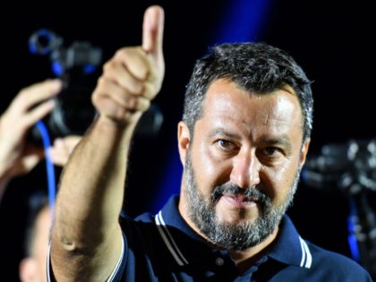 Far-right Interior Minister Matteo Salvini gestures during his electoral tour on August 9, 2019 in Mola di Bari, south of Italy. - Salvini pulled his support for Italy's governing coalition on August 8, 2019, and called for snap elections, prompting the country's premier to demand that he "justify" his decision …