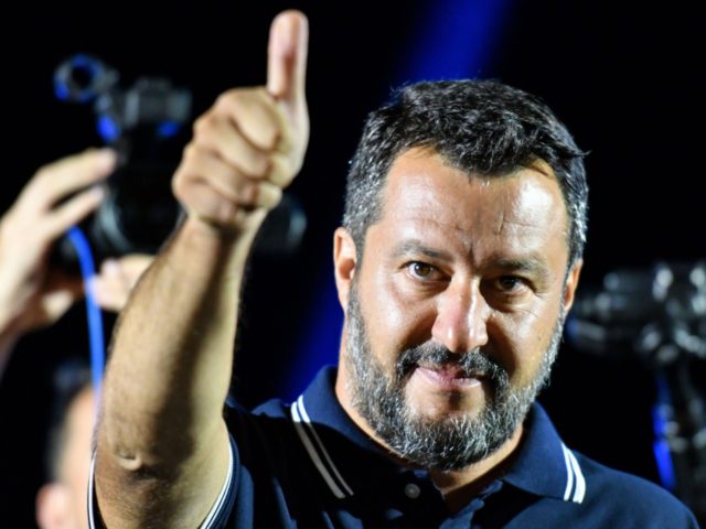 Far-right Interior Minister Matteo Salvini gestures during his electoral tour on August 9,